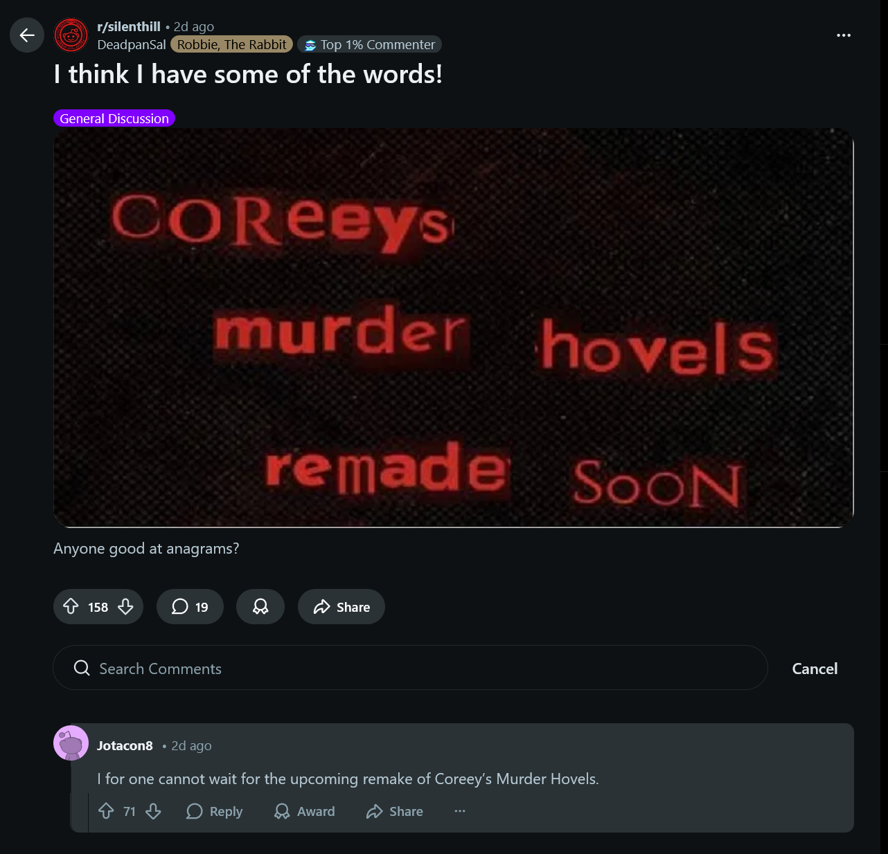 I for one cannot wait for the upcoming remake of Coreey&amp;rsquo;s Murder Hovels.