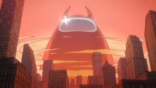 A giant among us space man wearing devil horns rises above a modern cityscape like some manner of kaiju.