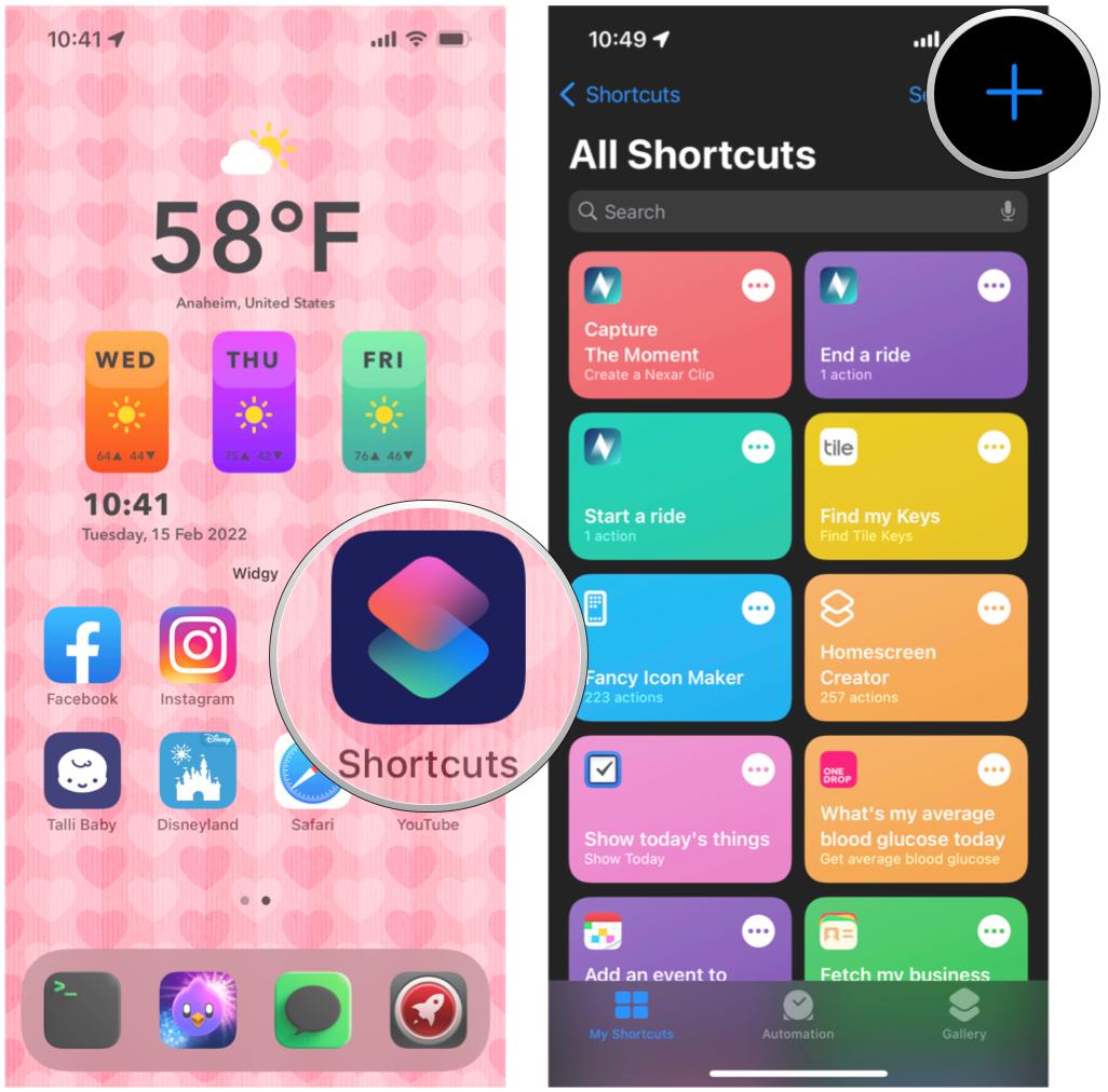 Personalize o ícone do aplicativo em Atalhos no iOS 15: Inicie os Atalhos, toque em Novo Atalho