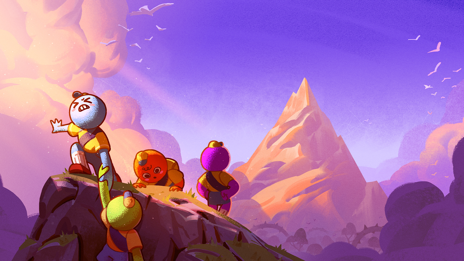 A little cartoon person helps another up a mountain