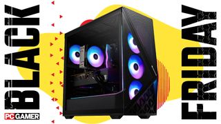 An iBuyPower Scale gaming PC on a custom Black Friday background
