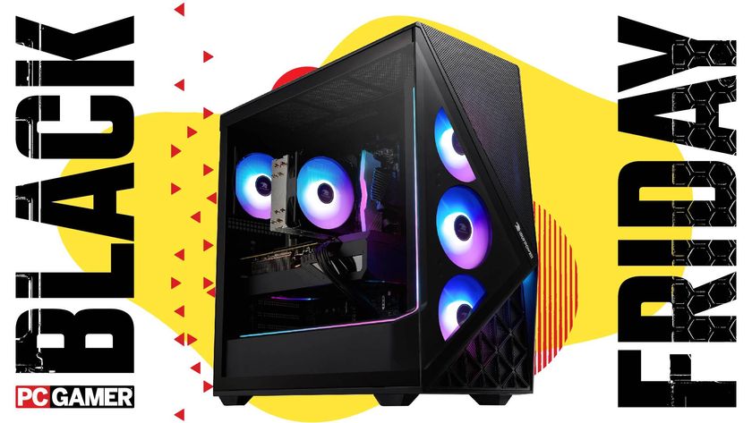 An iBuyPower Scale gaming PC on a custom Black Friday background