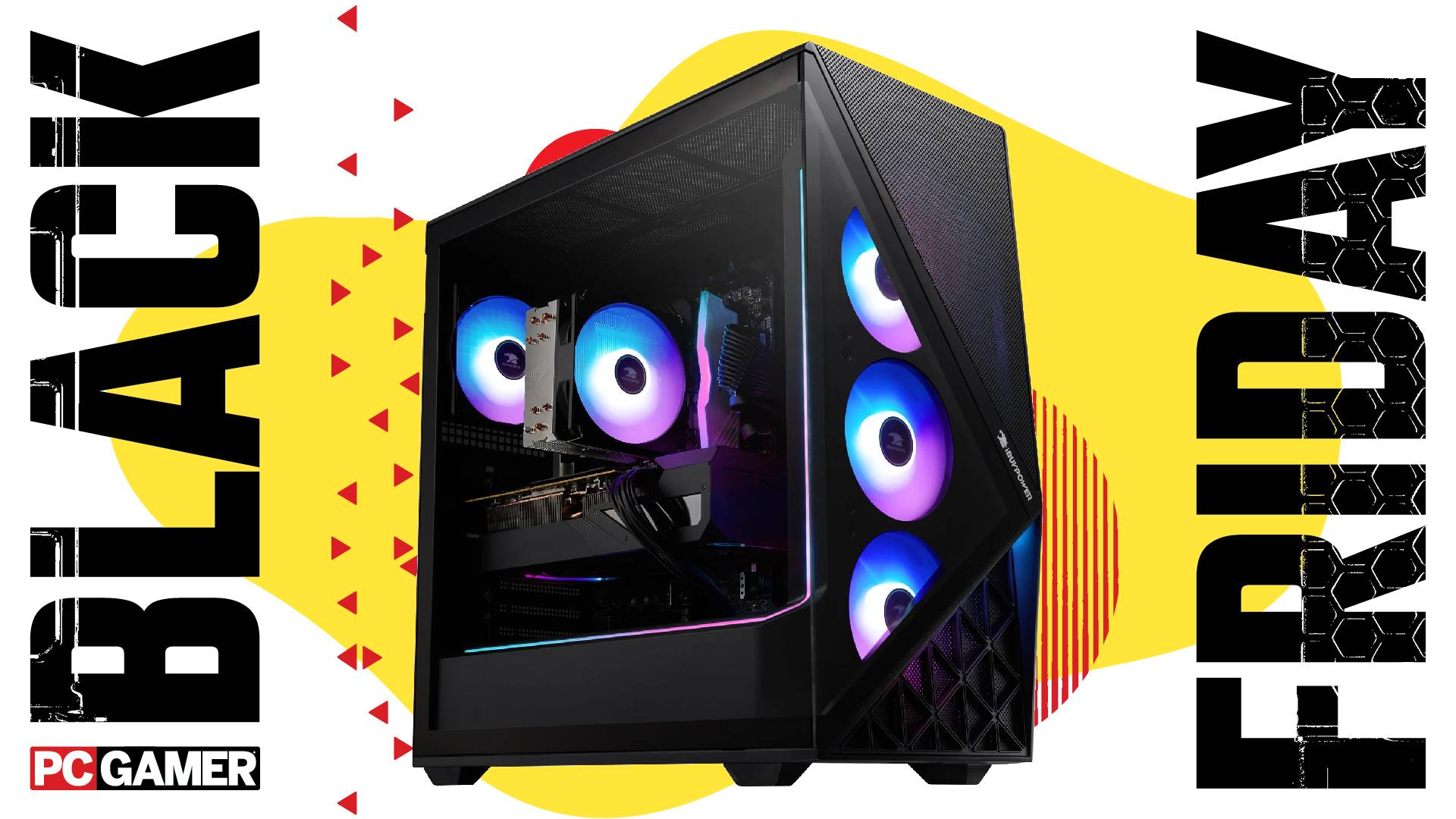 An iBuyPower Scale gaming PC on a custom Black Friday background
