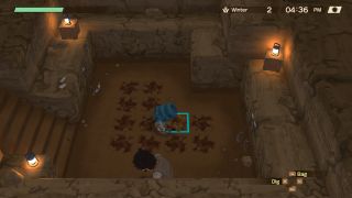 Story of Seasons: A Wonderful Life - a player digs in the dirt inside the archeology tent