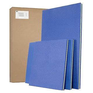 Blue foam squares in front of a carboard box