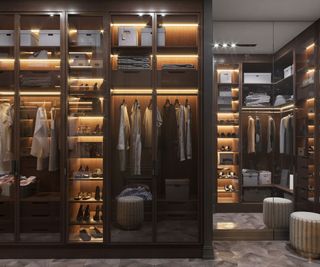 dark wood walk-in wardrobe with internal lighting