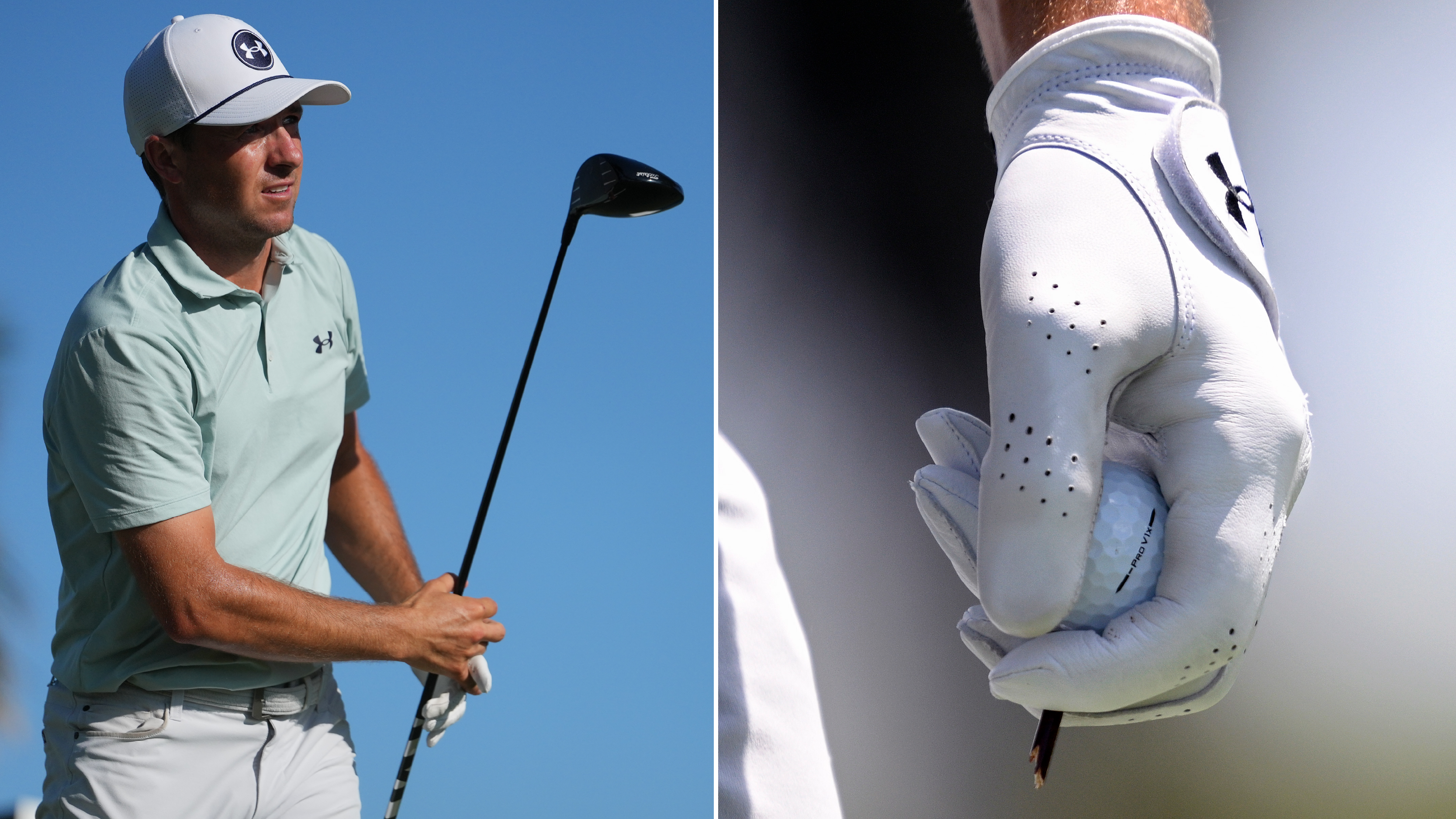 Jordan Spieth watches a drive, with a close up of his new golf ball