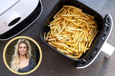 Close up of an air fryer with greasy chips with a cut out image of Mrs Hinch in a circle