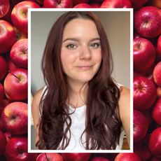 brooke knappenberger selfie with white border overlaid background of red apples