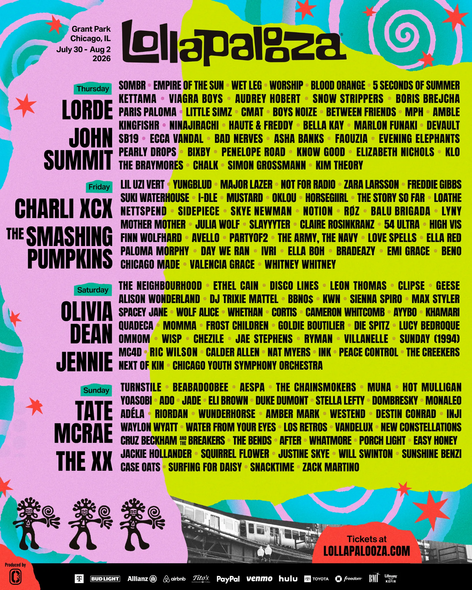 Lollapalooza Chicago 2026 line-up poster