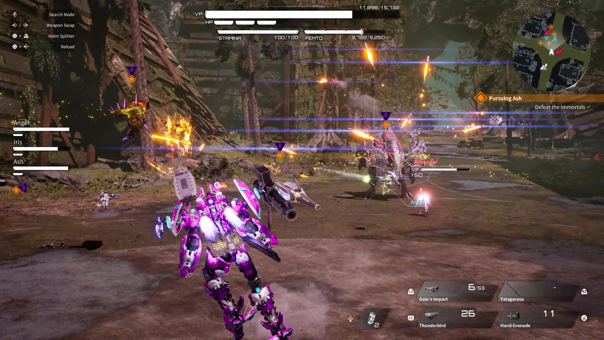 The player strafes enemy Immortals while firing rockets Daemon X Machina: Titanic Scion