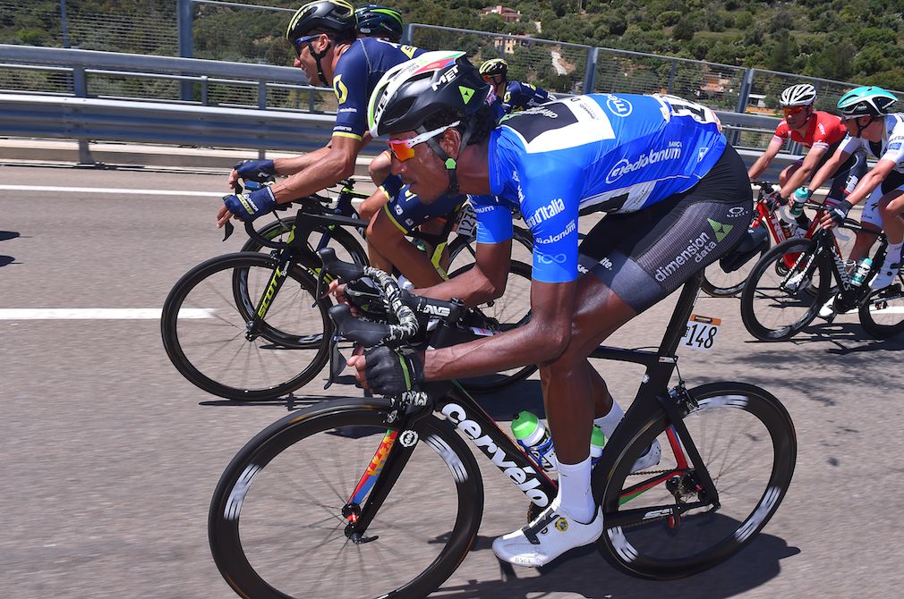 Mountains classification leader Daniel Teklehaimanot gets aero on the Giro's third stage.