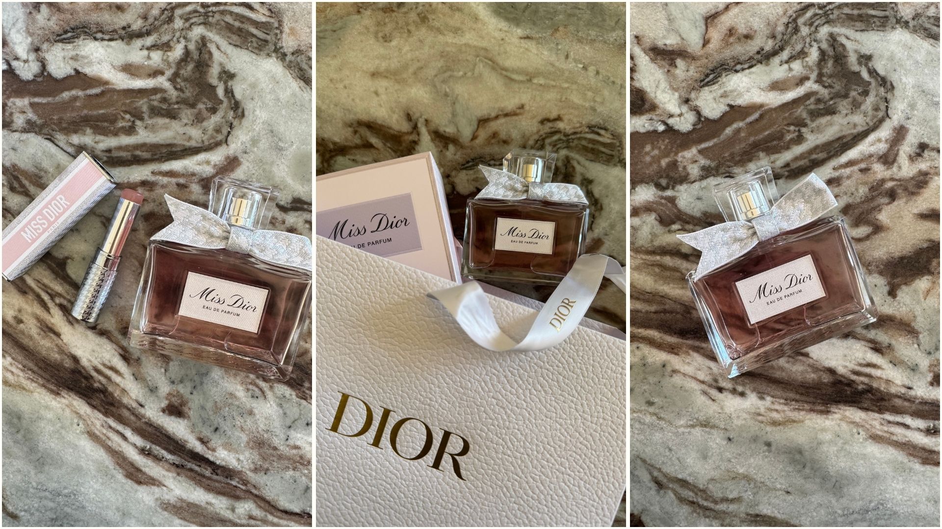a collage featuring pictures of the new Miss Dior eau de parfum perfume
