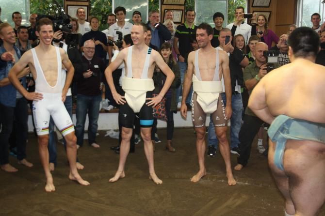 Chris Froome and company are introduced to the art of sumo.