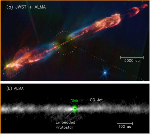 (top) a full-color James Webb Telescope image of the HH object; (bottom) a black and white ALMA image of the star at the object&#039;s center