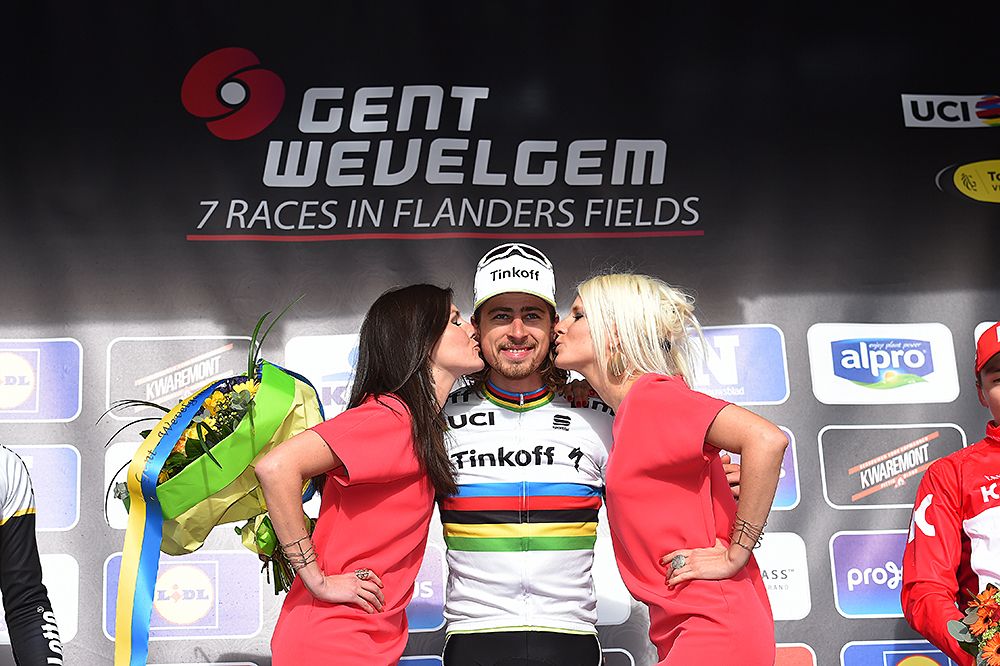 Peter Sagan (Tinkoff) gets podium kisses at Gent-Wevelgem
