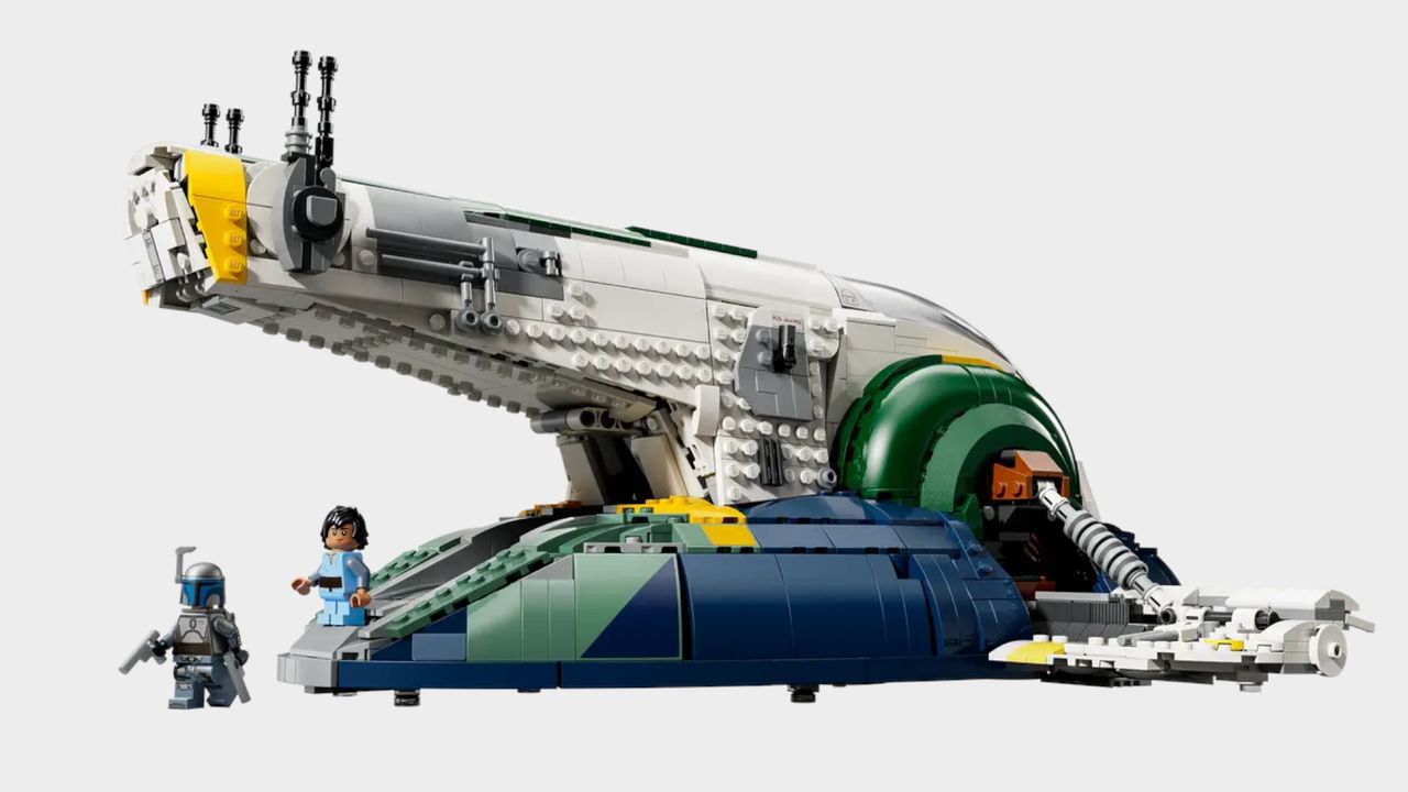 Lego Jango Fett's Firespray-Class Starship set against a plain background