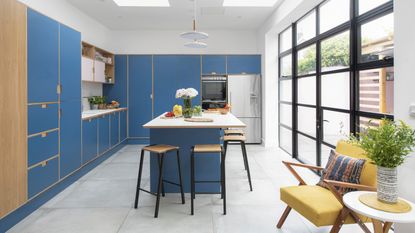 Wide shot of kitchen with grey large-format floor tiles, blue and pink Formica plywood units, white worktop and Crittall-style doors to garden