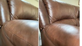 Brown leather sofa with marks before and after cleaning with vinegar