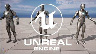 Unreal Engine logo with images of a humanoid robot from an Unreal Engine tutorial in the background