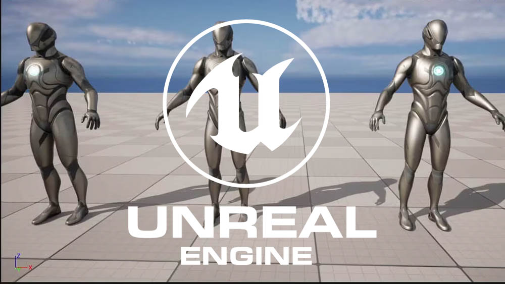 Unreal Engine logo with images of a humanoid robot from an Unreal Engine tutorial in the background