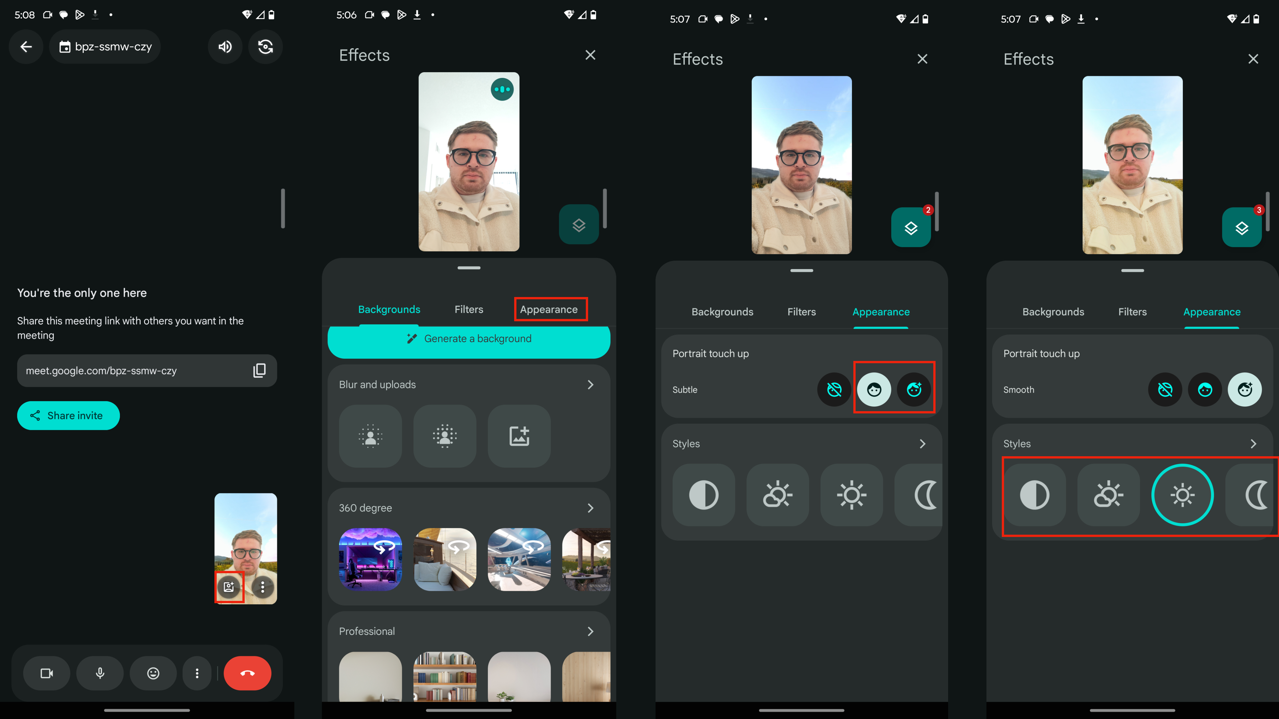 Enabling portrait touch-up in Google Meet.