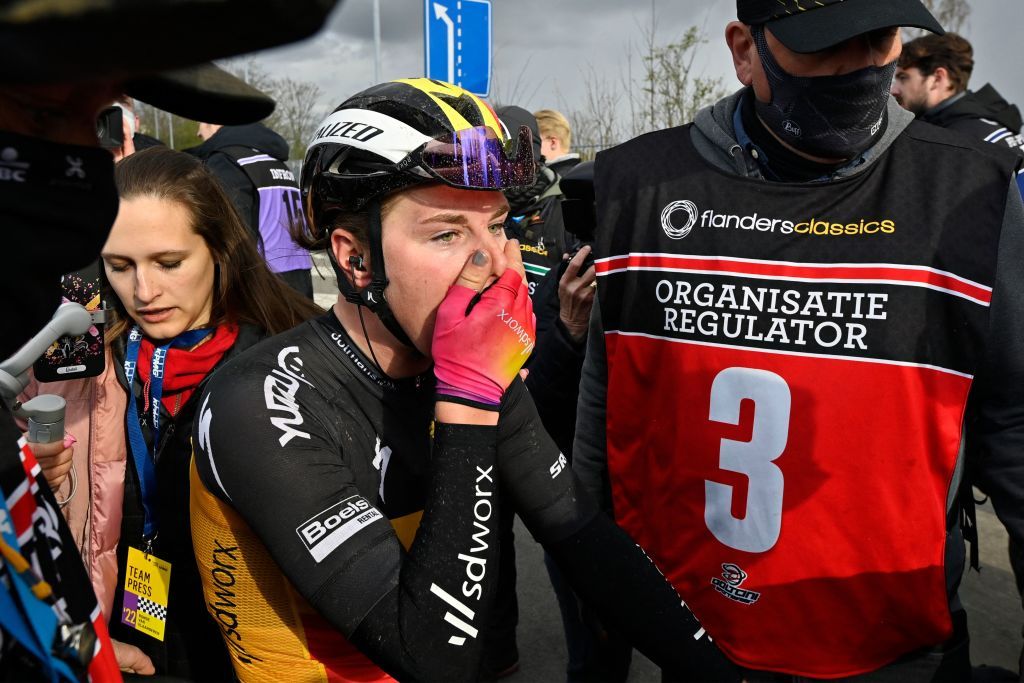Belgian Lotte Kopecky of SD Worx celebrates after winning the womens race of the Ronde van Vlaanderen Tour des Flandres Tour of Flanders one day cycling event 2725km from oudenaarde to Oudenaarde Sunday 03 April 2022 BELGA PHOTO ERIC LALMAND Photo by ERIC LALMAND BELGA MAG Belga via AFP Photo by ERIC LALMANDBELGA MAGAFP via Getty Images