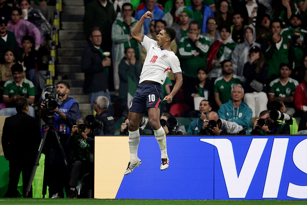 Jude Bellingham celebrates his rapid-fire double against Mexico