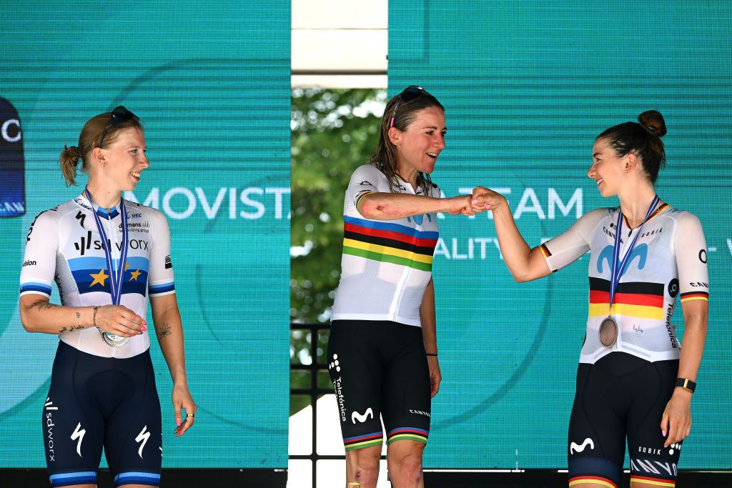 CANELLI ITALY JULY 05 LR Lorena Wiebes of The Netherlands and Team SD Worx on second place race winner Annemiek Van Vleuten of The Netherlands and Movistar Team and Liane Lippert of Germany and Movistar Team on third place pose on the podium ceremony after the 34th Giro dItalia Donne 2023 Stage 6 a 1044km stage from Canelli to Canelli 315m UCIWWT on July 05 2023 in Canelli Italy Photo by Dario BelingheriGetty Images