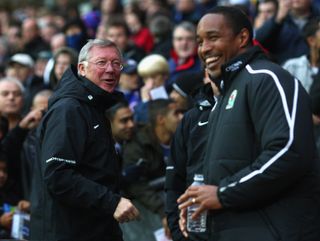 Sir Alex Ferguson shares a joke with Paul Ince ahead of a match between Manchester United and Blackburn Rovers in October 2008.