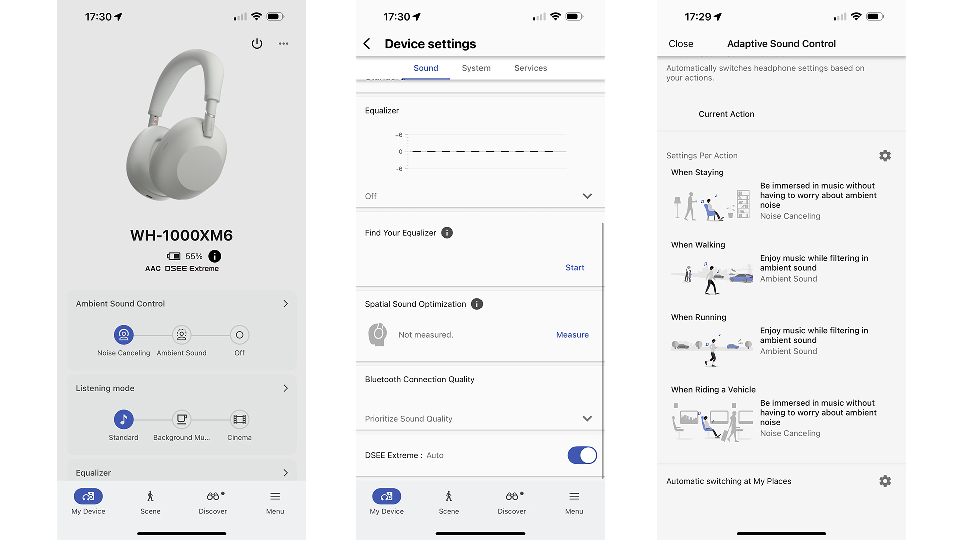 Sony WH-1000XM6 over-ear headphones app on three smartphone screens