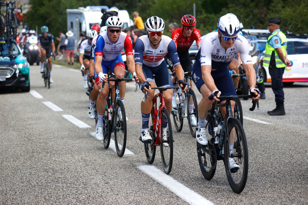 NMES FRANCE JULY 08 Edward Theuns of Belgium and Team Trek Segafredo Andr Greipel of Germany and Team Israel StartUp Nation in the Breakaway during the 108th Tour de France 2021 Stage 12 a 1594km stage from SaintPaulTroisChateaux to Nimes LeTour TDF2021 on July 08 2021 in Nmes France Photo by Chris GraythenGetty Images