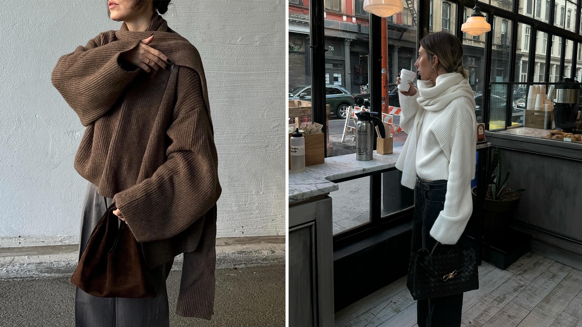 style influencers Annabel Rosendahl and Hannah Lewis pose in chic winter 2026 outfits with the scarf sweater tend