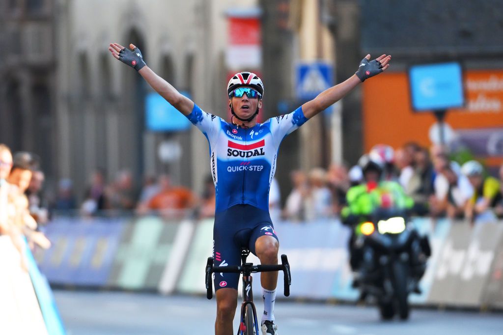 DIEKIRCH LUXEMBOURG SEPTEMBER 20 Mauri Vansevenant of Belgium and Team Soudal QuickStep celebrates at finish line as stage winner during the 84th Tour de Luxembourg 2024 Stage 3 a 2013km stage from Rosport to Diekirch UCIWT on September 20 2024 in Diekirch Luxembourg Photo by Tim de WaeleGetty Images