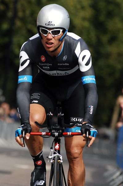 Thor Hushovd (Garmin-Cervelo) can&rsquo;t wear his rainbow jersey in a time trial so is in the usual black kit.