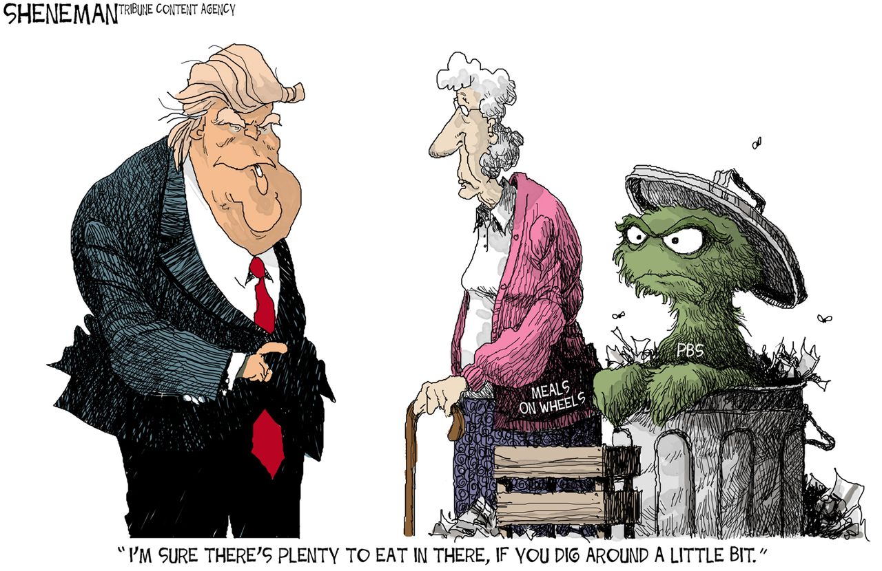 Political Cartoon U.S. Trump GOP Budget Cuts Sesame Street Meals on Wheels