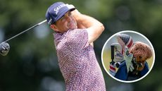 Keegan Bradley hits a fairway wood and a close up of a bag