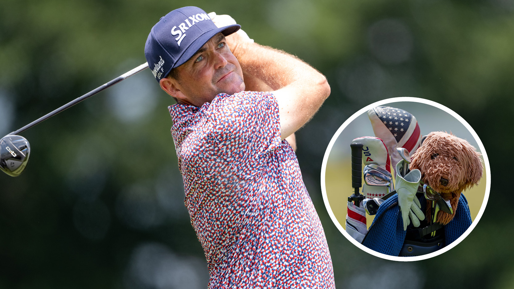 Keegan Bradley hits a fairway wood and a close up of a bag