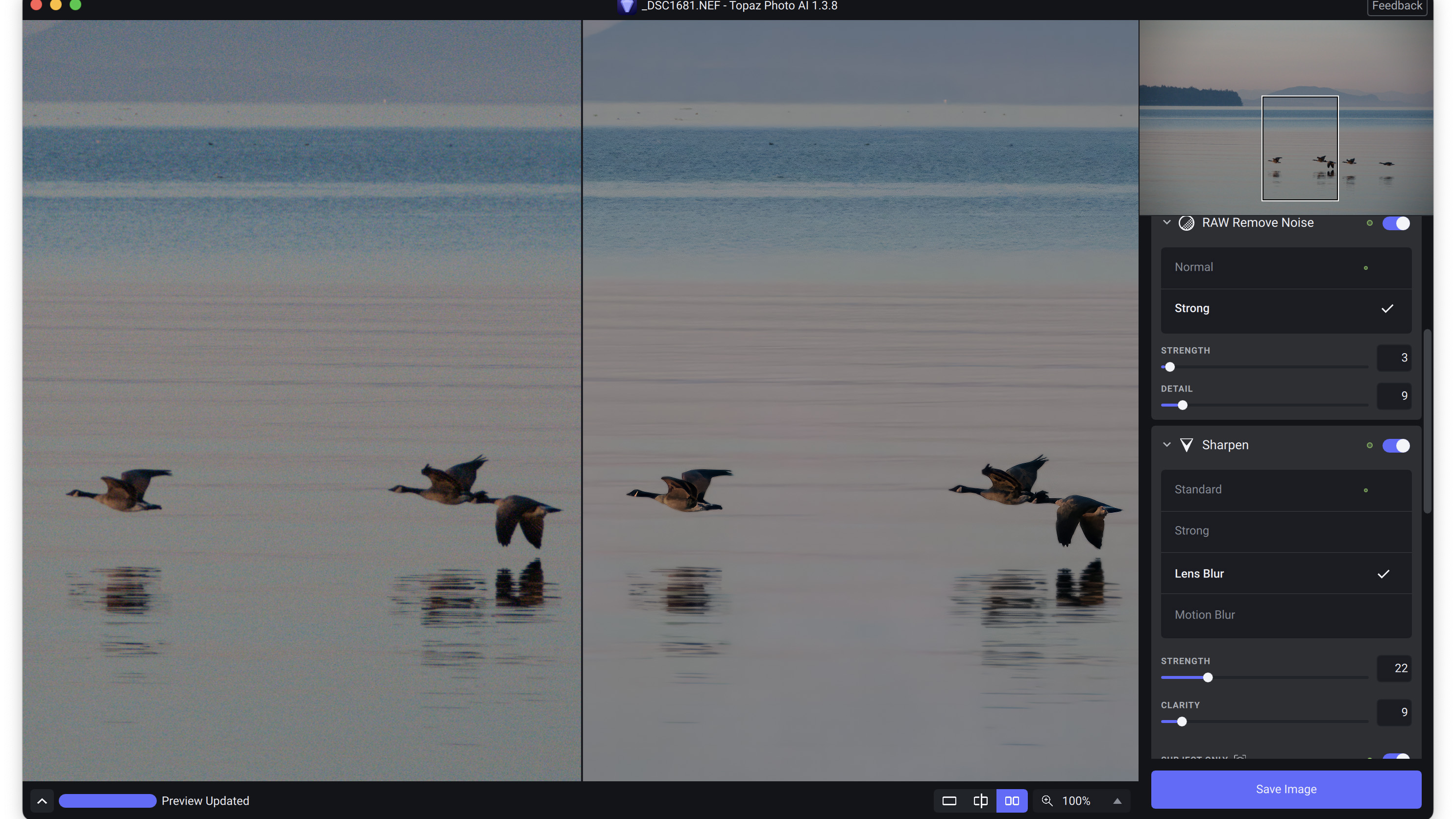 Screenshot of Topaz Photo AI sharpening editor before and after Canadian geese flying over a lake at first light