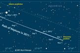 Neptune's position in the sky is plotted on this star map, along with the 1846 predicted positions of its location, and where it was eventually discovered. The blue planet resides in the constellation Aquarius for the rest of 2011.