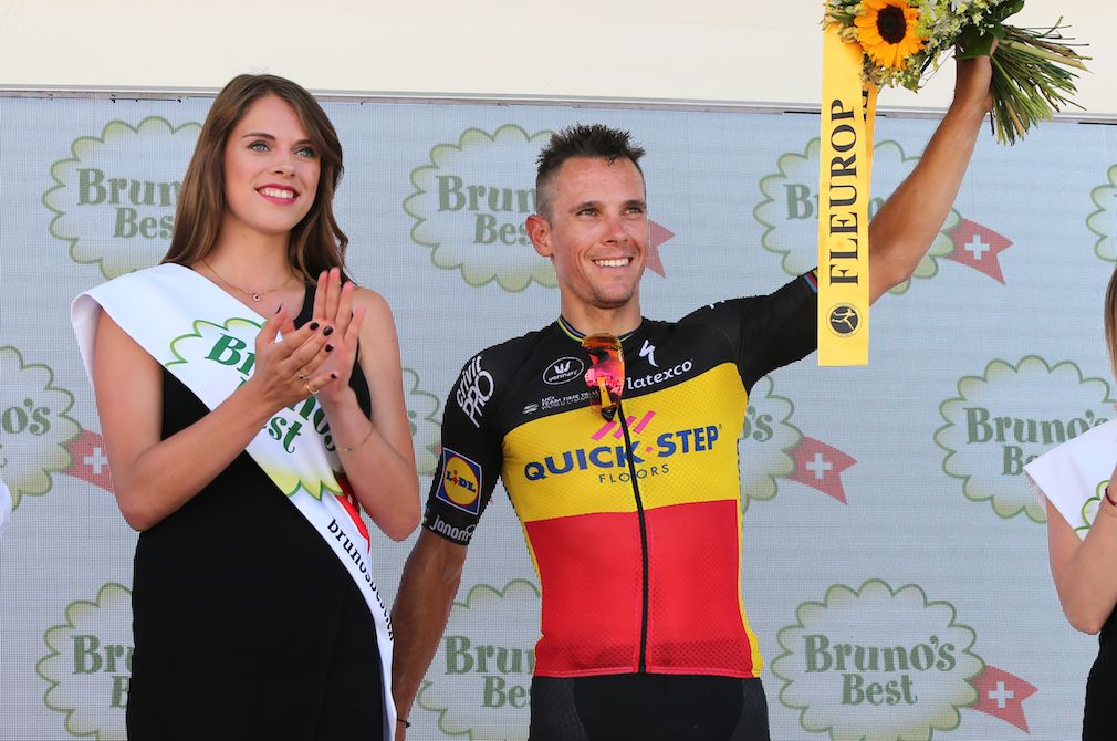 Philippe Gilbert on the podium after his Tour de Suisse stage victory