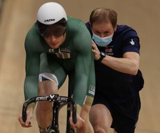 Jason Kenny pushes Hamish Turnbull at the UCI Nations Cup in Glasgow