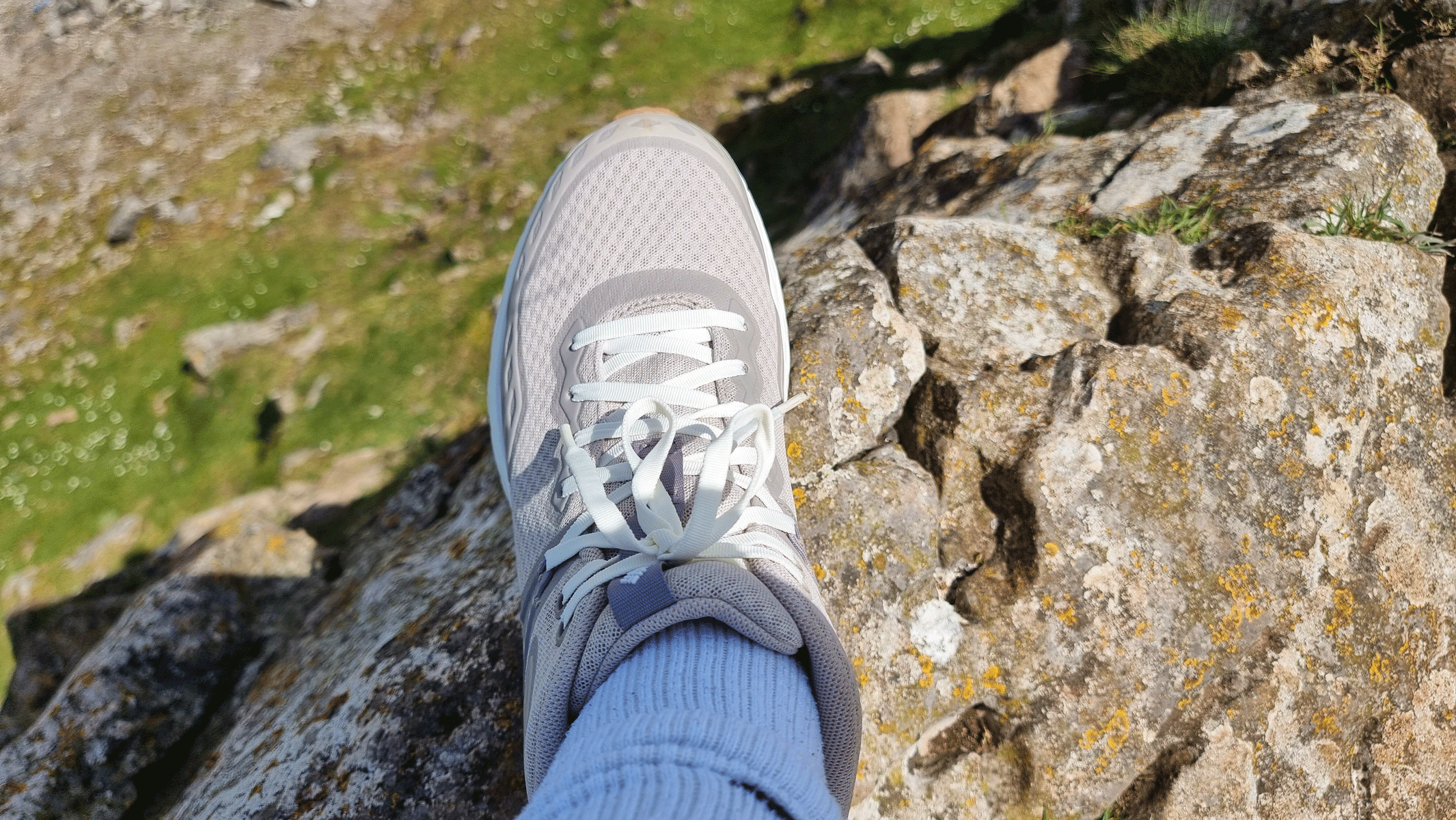 A close-up picture of our writer wearing the Columbia Konos TRS Outdry shoes during a hike