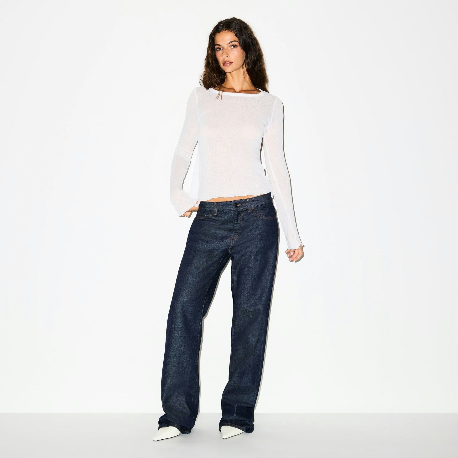 Sheer Rib Long Sleeve Crew Neck Top | Snow | Xxs
