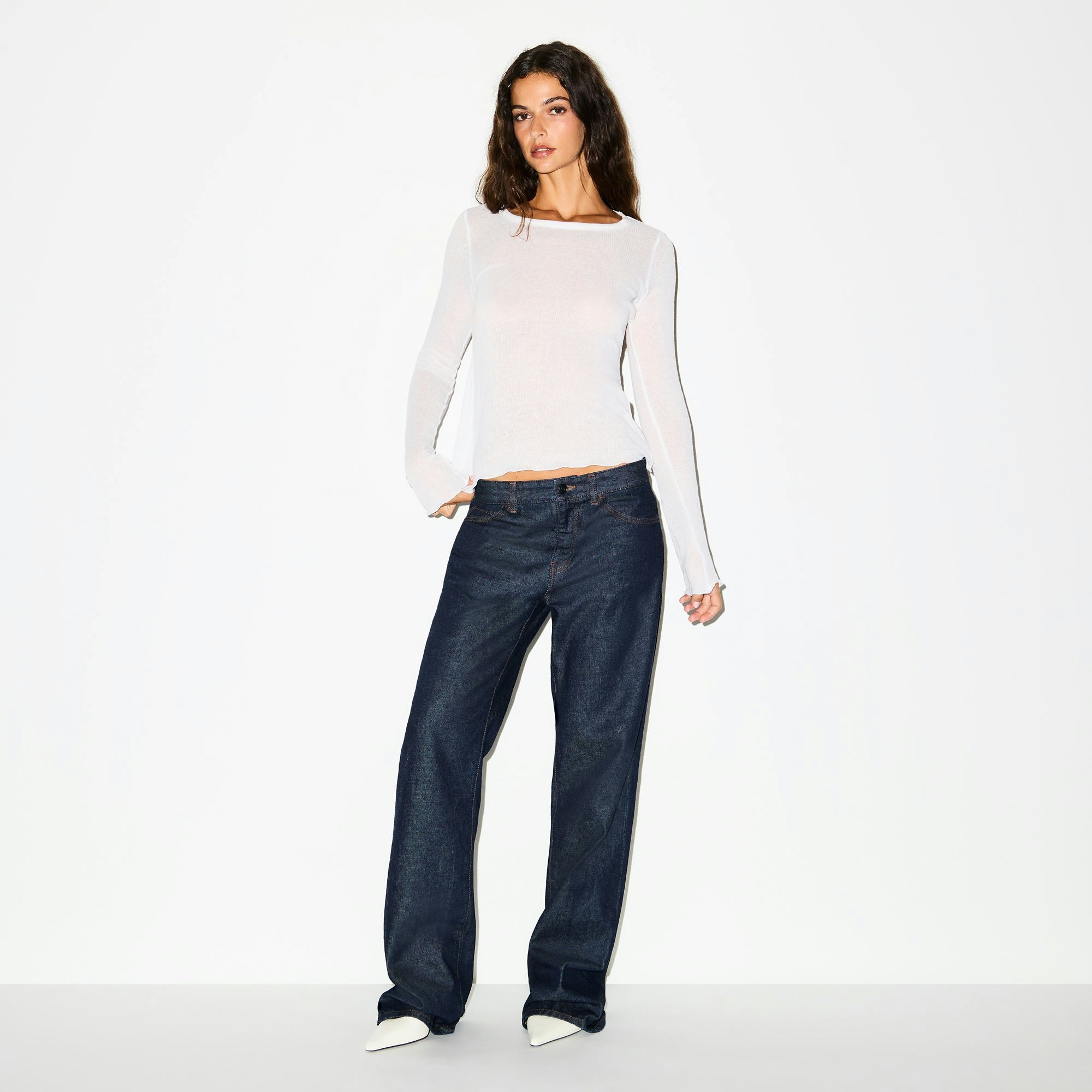 Sheer Rib Long Sleeve Crew Neck Top | Snow | Xxs