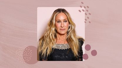 Sarah Jessica Parker smiling at the camera with long wavy blonde hair and wearing a black dress with a crystal-embellished neckline, on a mauve background with mauve dot graphics