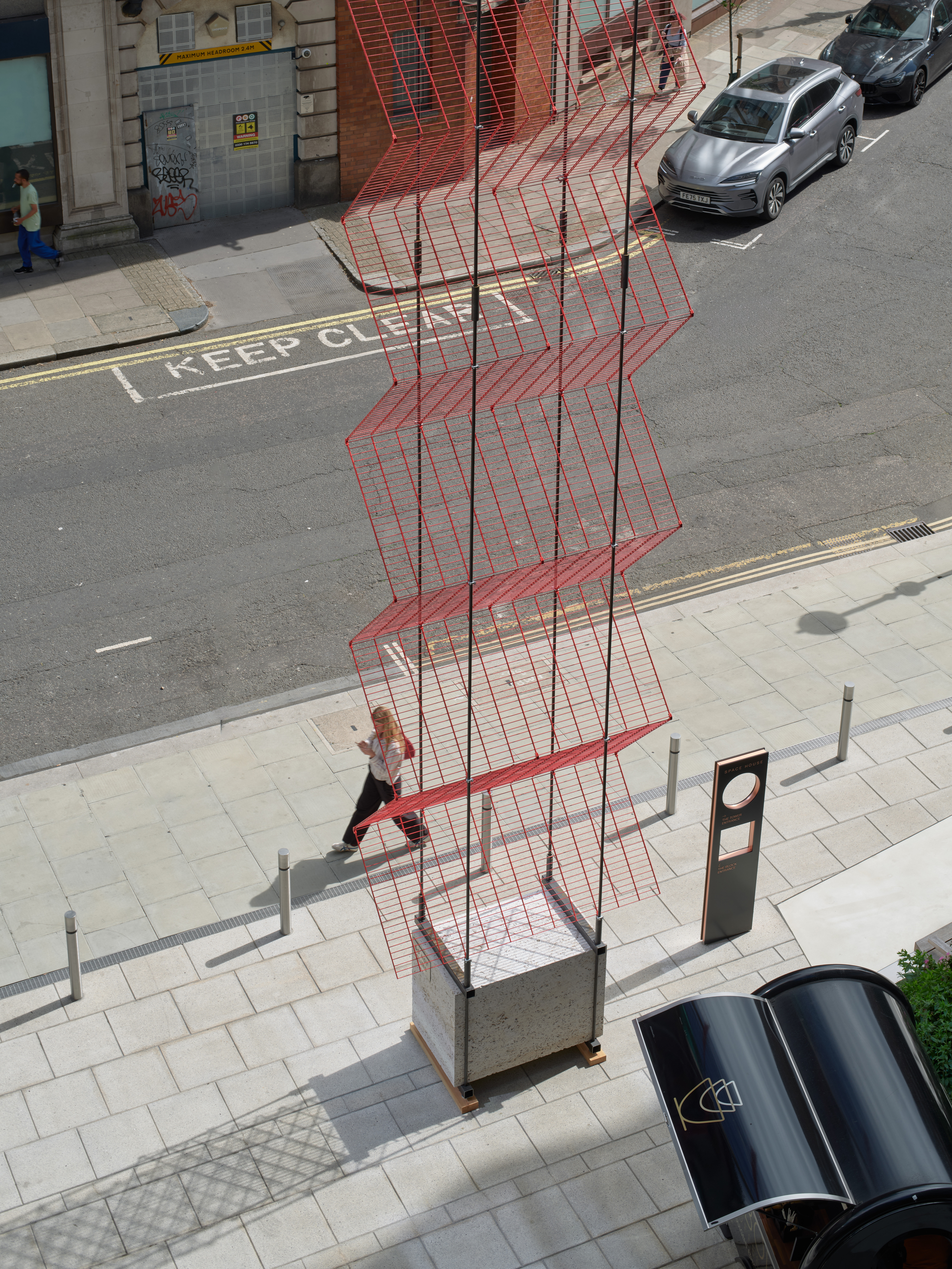 red metal mesh on plinth, the Rana Begum and Webb Yates installation LFA 2026