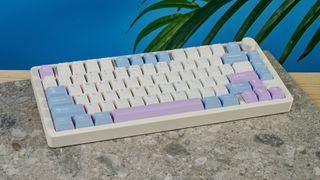 A pink, blue and white Gamakay TK75 Pro wireless mechanical keyboard with hot-swappable linear switches