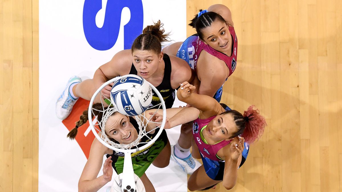 George Fisher of the Steel watches her shot during the round 15 ANZ Premiership netball match between the Southern Steel and the Central Pulse at ILT Stadium Southland, New Zealand.