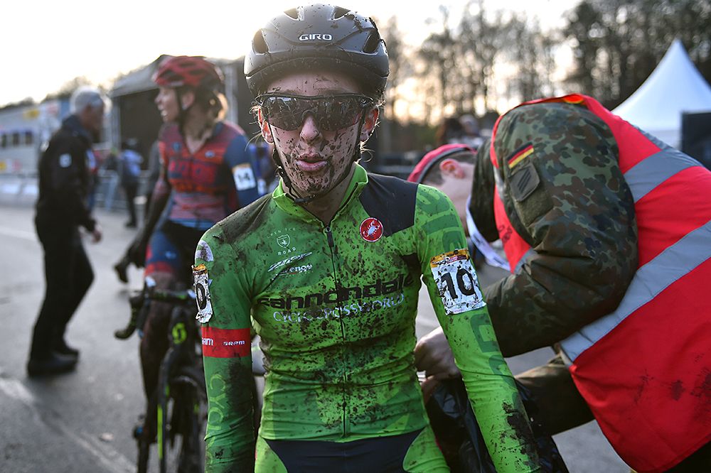 Kaitlin Keough (USA) Cannondale p/b Cyclocrossworld muddy at the finish
